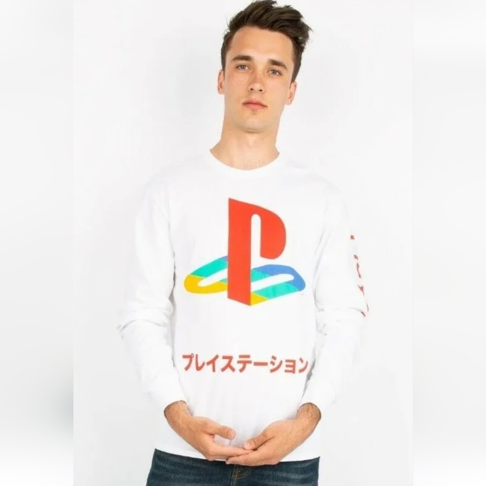 PLAYSTATION KATAKANA Mens Long Sleeve WHITE Graphic Tee T-Shirt Japanese Script